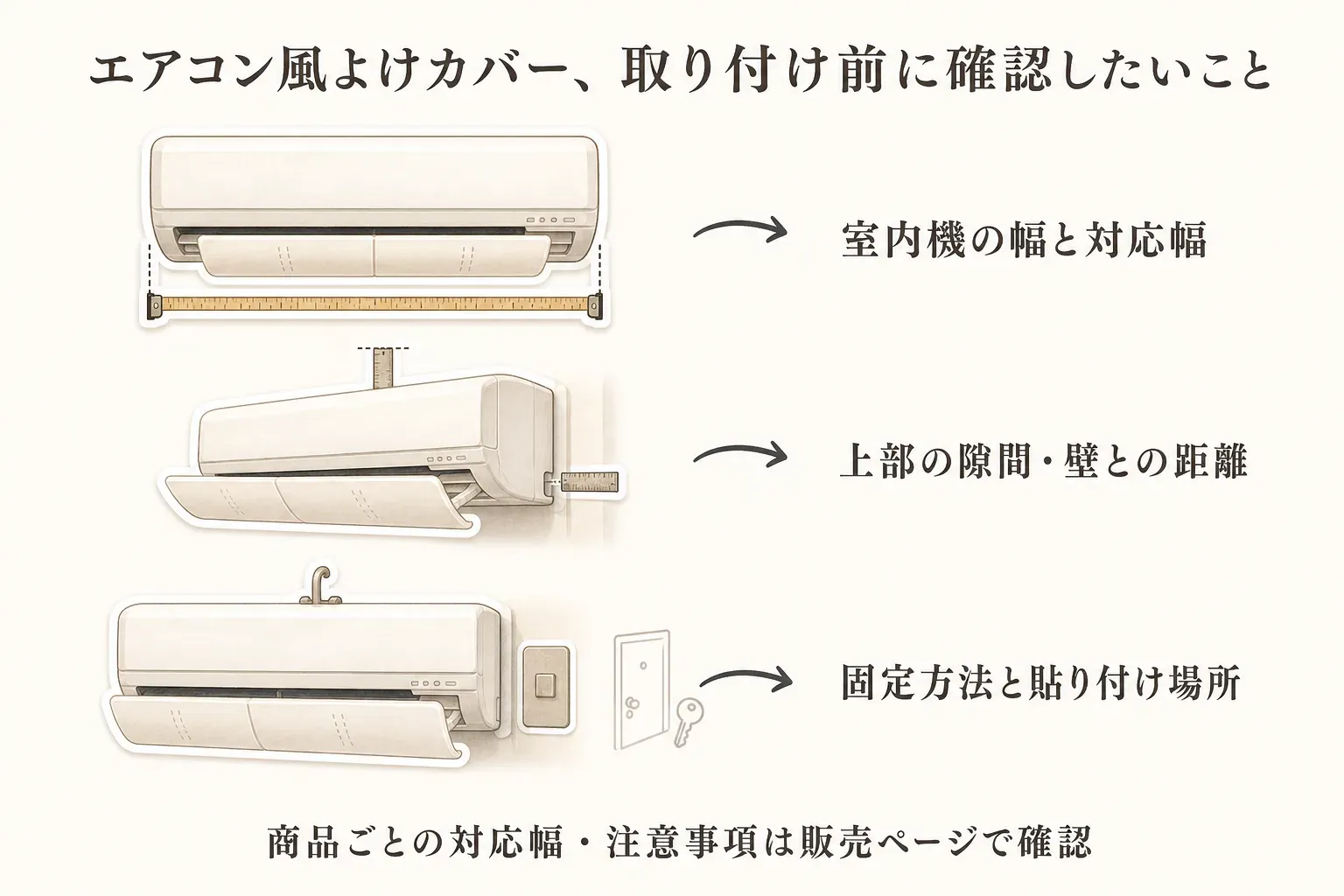 エアコン風よけカバーを取り付ける前の確認項目。室内機の幅と商品の対応幅をメジャーで測ること、室内機上部の隙間と壁との距離を測ること、掛け式・粘着式などの固定方法と貼り付け場所を確認することを、正面・側面のエアコンの図で示している。商品ごとの対応幅と注意事項は販売ページで確認するよう案内している。