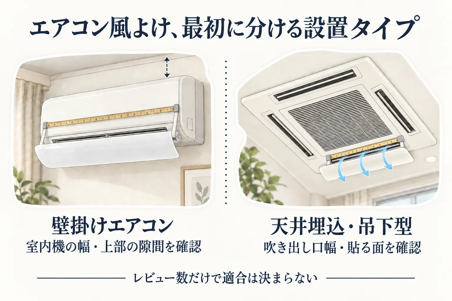 エアコン風よけを選ぶ前に分ける設置タイプ。壁掛けエアコンは室内機の幅と上部の隙間を、天井埋込・吊下型は吹き出し口の幅と板を貼る面を確認すること、レビュー数だけでは適合を決められないことを図で示している。