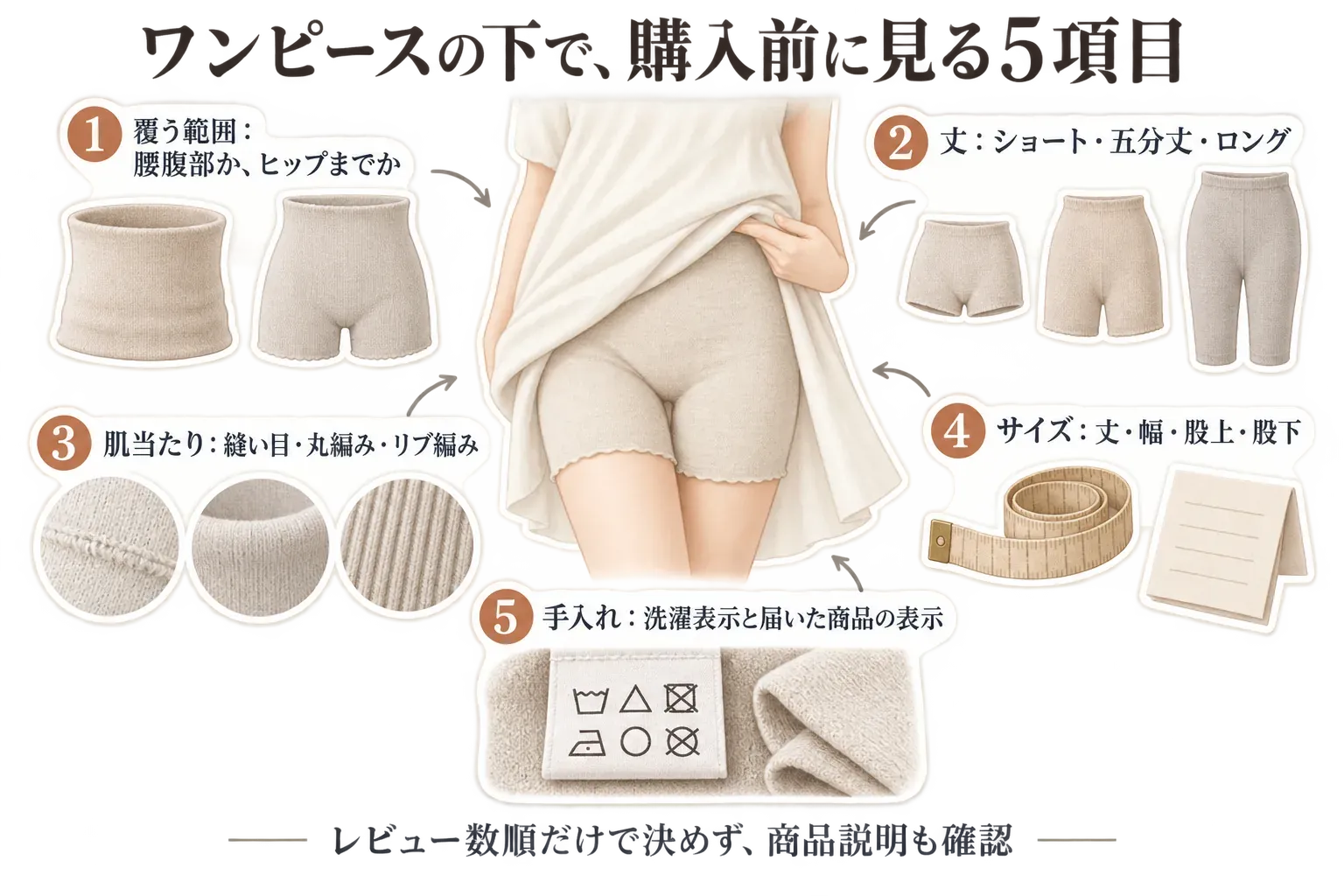 ワンピースの下で腹巻きパンツや筒状腹巻きを購入する際の5項目を示す図。覆う範囲を腰腹部かヒップまでかで決め、ショート・五分丈・ロングの丈、縫い目・丸編み・リブ編みの肌当たり、丈・幅・股上・股下のサイズ、洗濯表示と届いた商品の表示を確認するよう描いている。