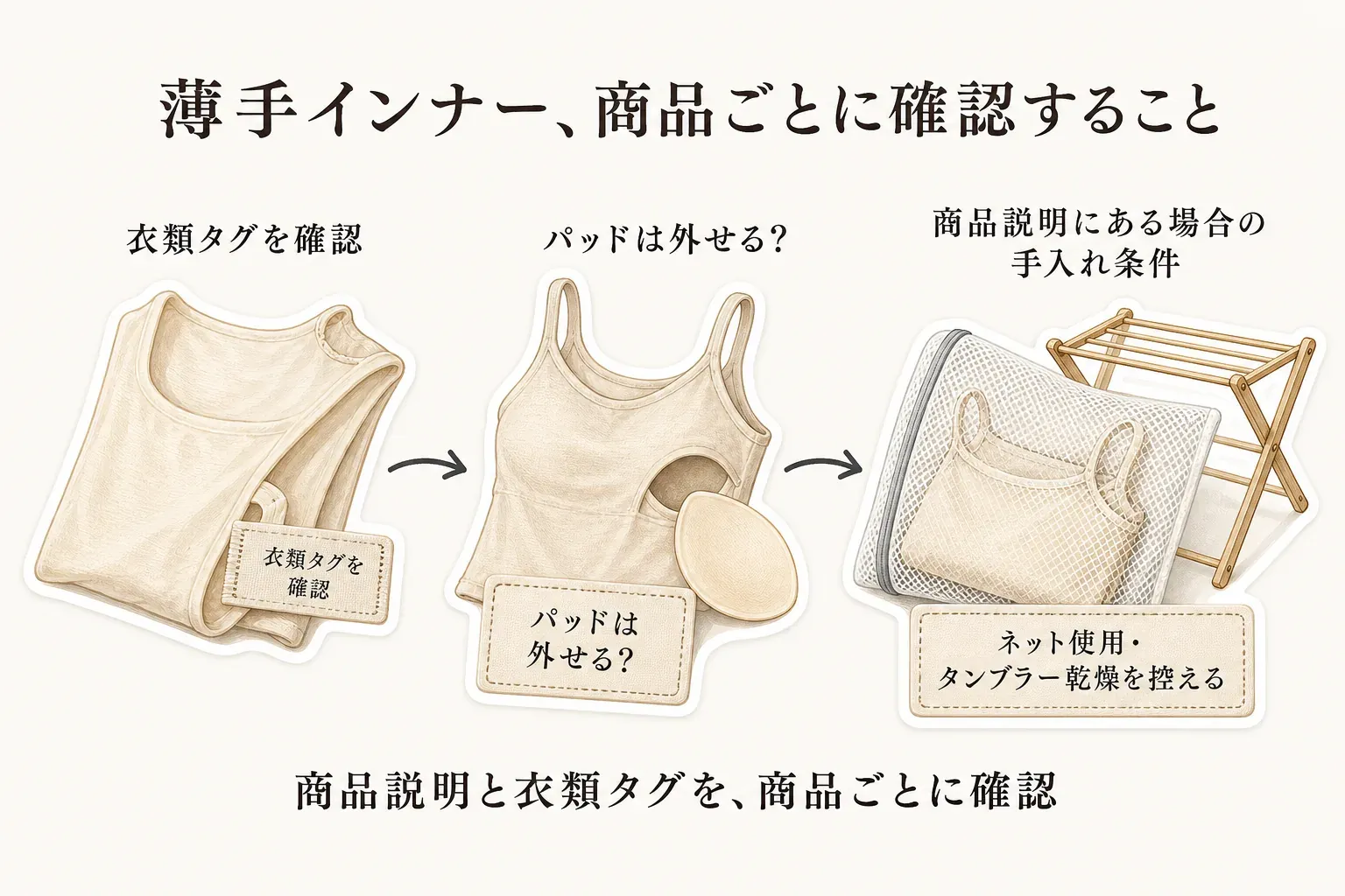 薄手インナーの商品ごとの確認事項を示す図。衣類タグの確認、カップ付きインナーのパッドを外せるかの確認、洗濯ネットの使用とタンブラー乾燥を控える手入れ条件を並べ、商品説明と衣類タグを確認することを示している。