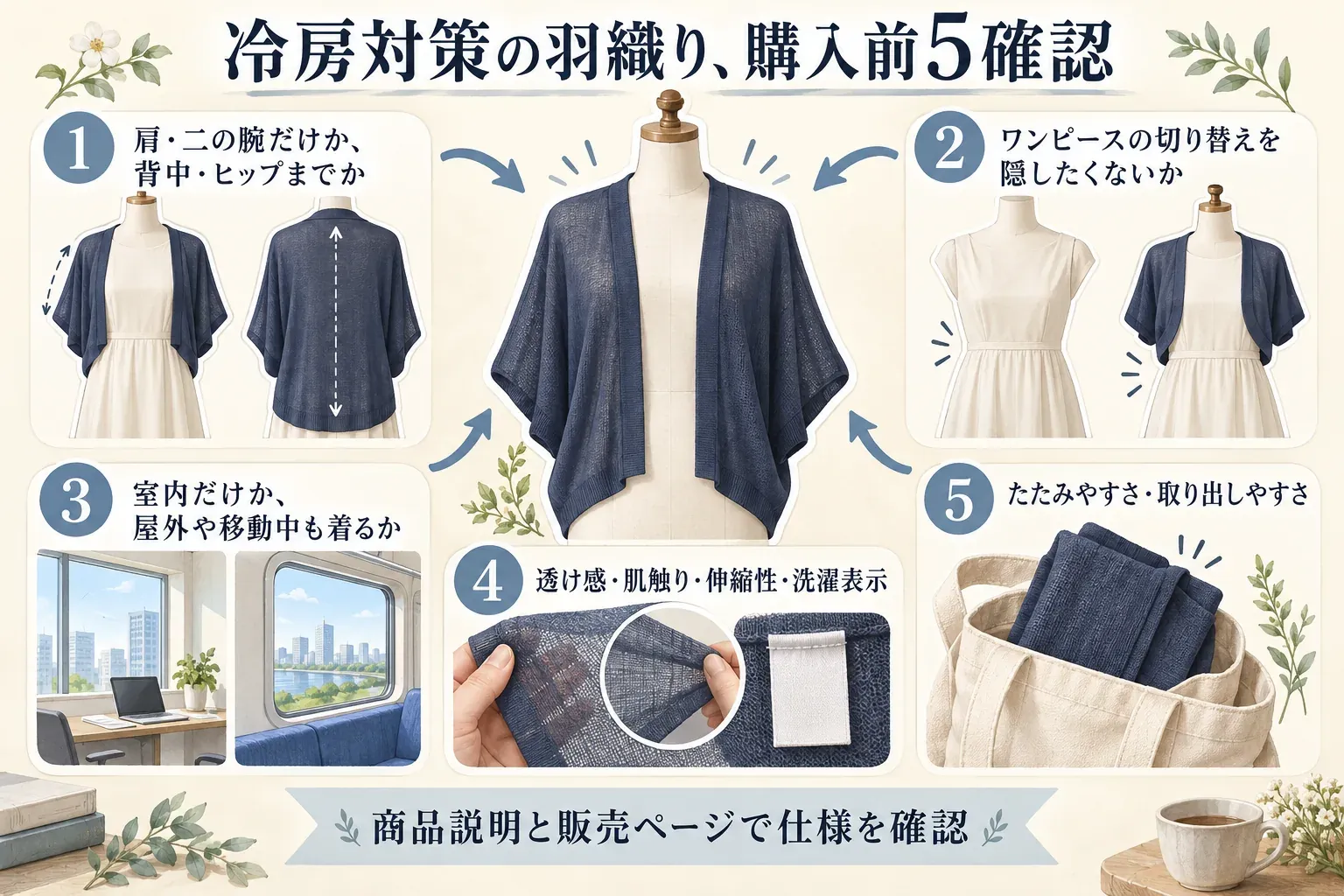 冷房対策の羽織りを購入前に確認する5項目を示す図。肩・二の腕だけか背中・ヒップまで覆うか、ワンピースの切り替えを隠したくないか、室内だけか屋外や移動中も着るか、透け感・肌触り・伸縮性・洗濯表示、たたみやすさ・取り出しやすさを、羽織りとバッグのイラストで整理している。
