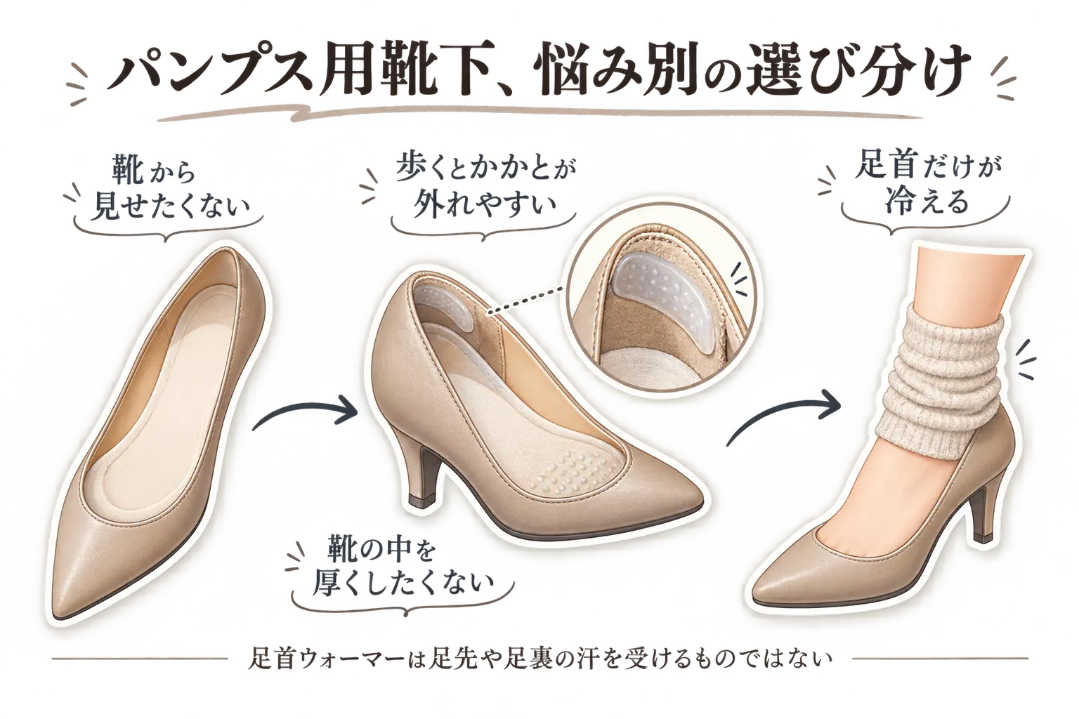 パンプス用靴下と足首ウォーマーの使い分けを示す図。パンプスから靴下を見せたくない場合は浅履きのフットカバー、冷房で足首だけが冷える場合はつま先を覆わない薄手の足首ウォーマーを選ぶことを、足元のイラストで説明している。