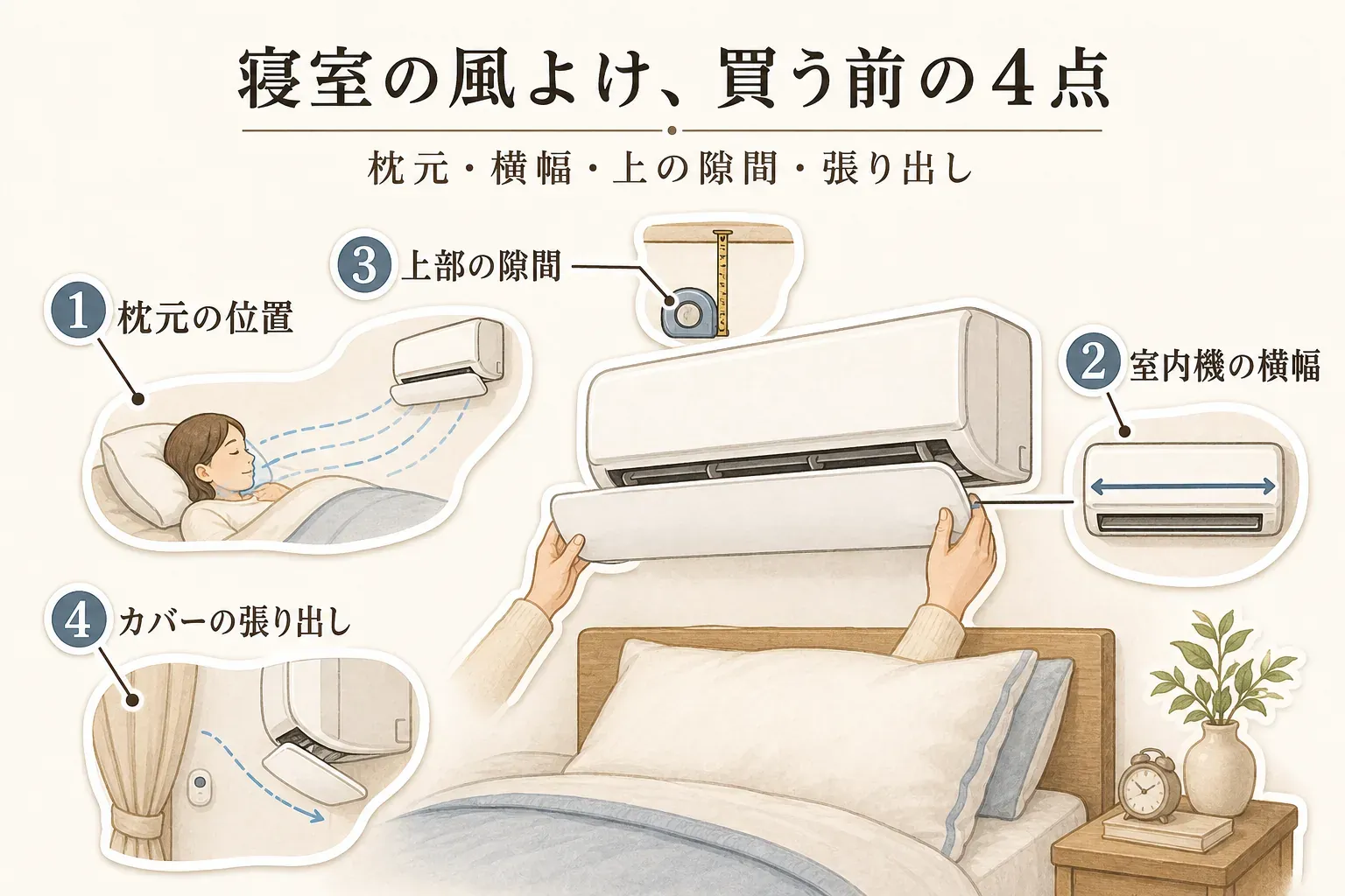 寝室のエアコン風よけカバーを買う前に確認する4項目。ベッドの枕元の位置、室内機の横幅、室内機上部のフックを掛ける隙間、カバーがカーテン側へ張り出す範囲をイラストで示している。