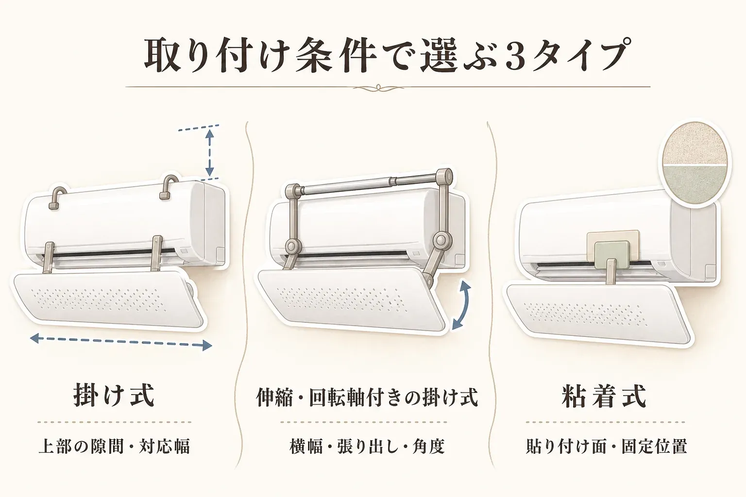 エアコン風よけカバーの取り付け条件で選ぶ3タイプ。掛け式は室内機上部の隙間と対応幅、伸縮・回転軸付きの掛け式は横幅・張り出し・角度、粘着式は貼り付け面と固定位置を確認する図。