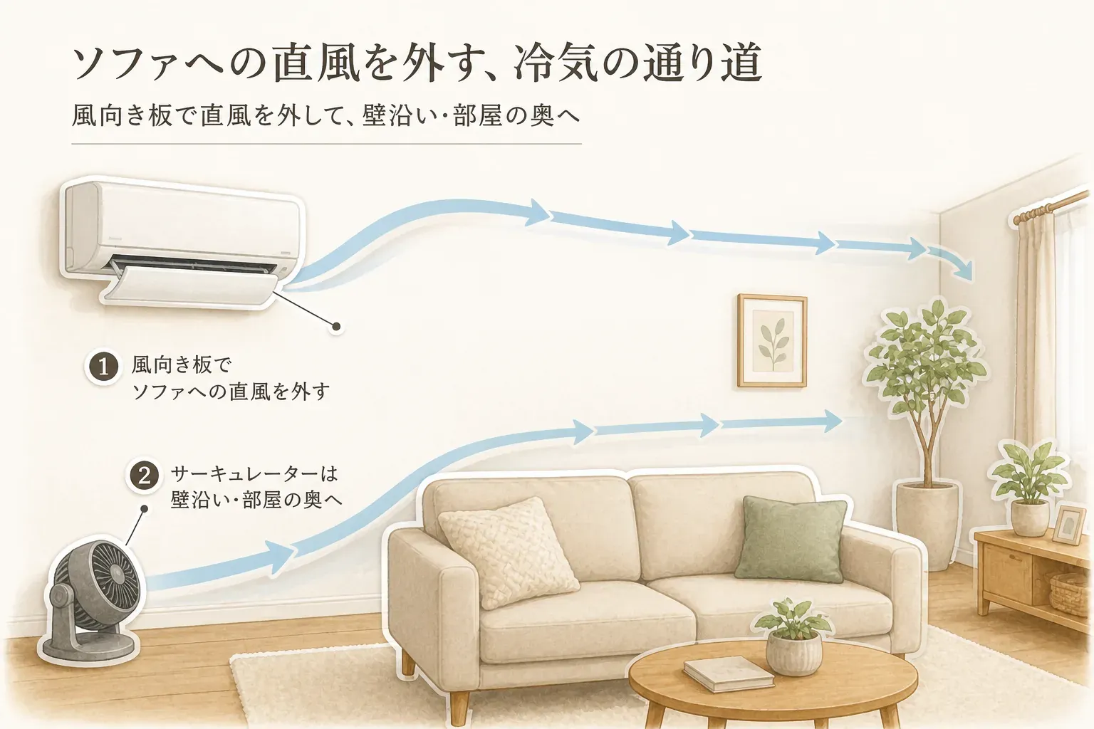 風向き板でエアコンの冷風をソファへ直接当てずに上方・壁沿いへ逃がし、床付近に置いたサーキュレーターで冷気を壁沿い・部屋の奥へ送るリビングの風の通り道を示す図。