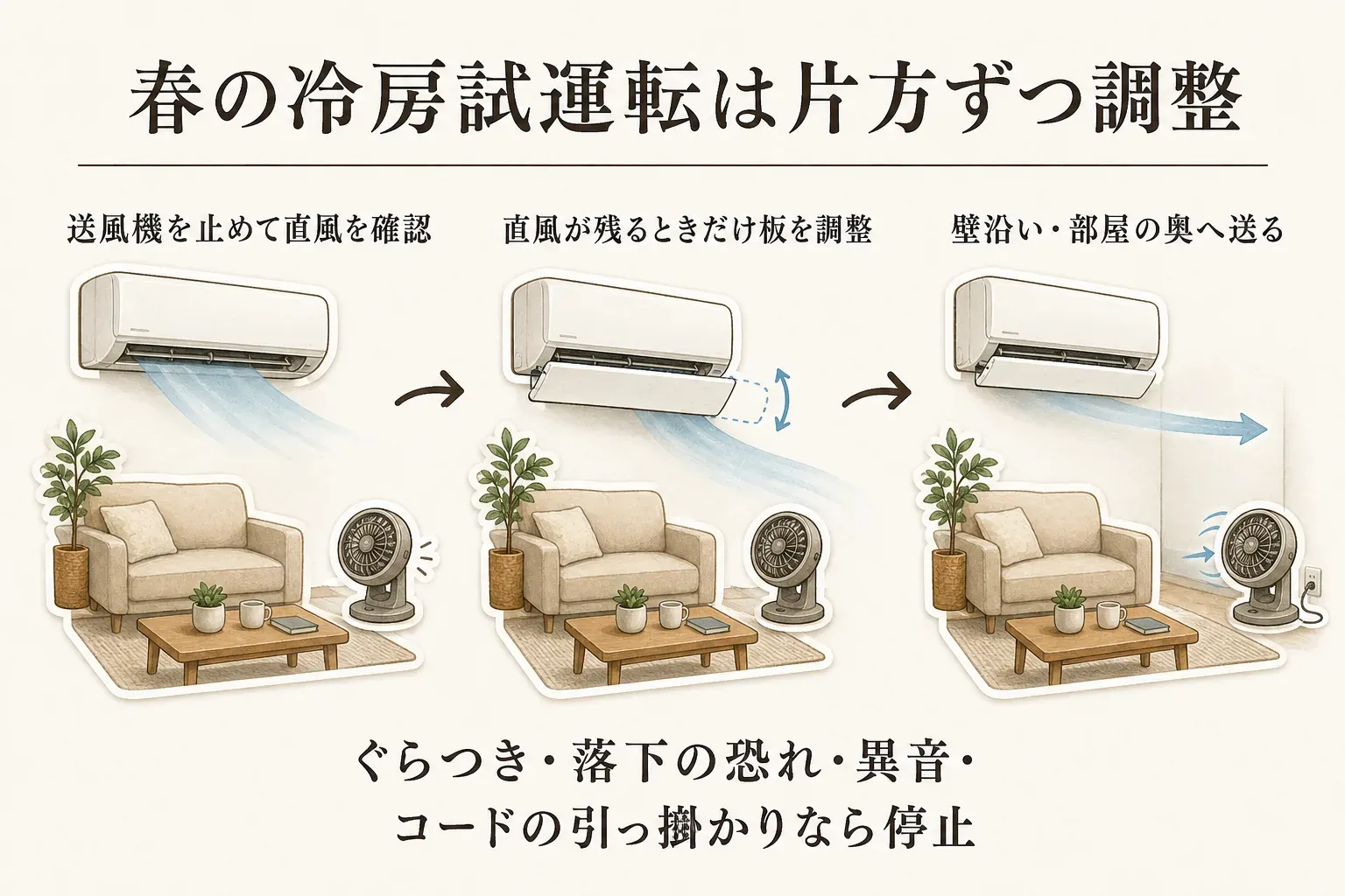 春の冷房試運転で片方ずつ調整する順番を示す図。送風機を止めてソファへの直風を確認し、直風が残るときだけ風向き板の角度を調整し、最後にサーキュレーターで冷気を壁沿い・部屋の奥へ送る。ぐらつき、落下のおそれ、異音、コードの引っ掛かりがあれば運転を止めることも示している。