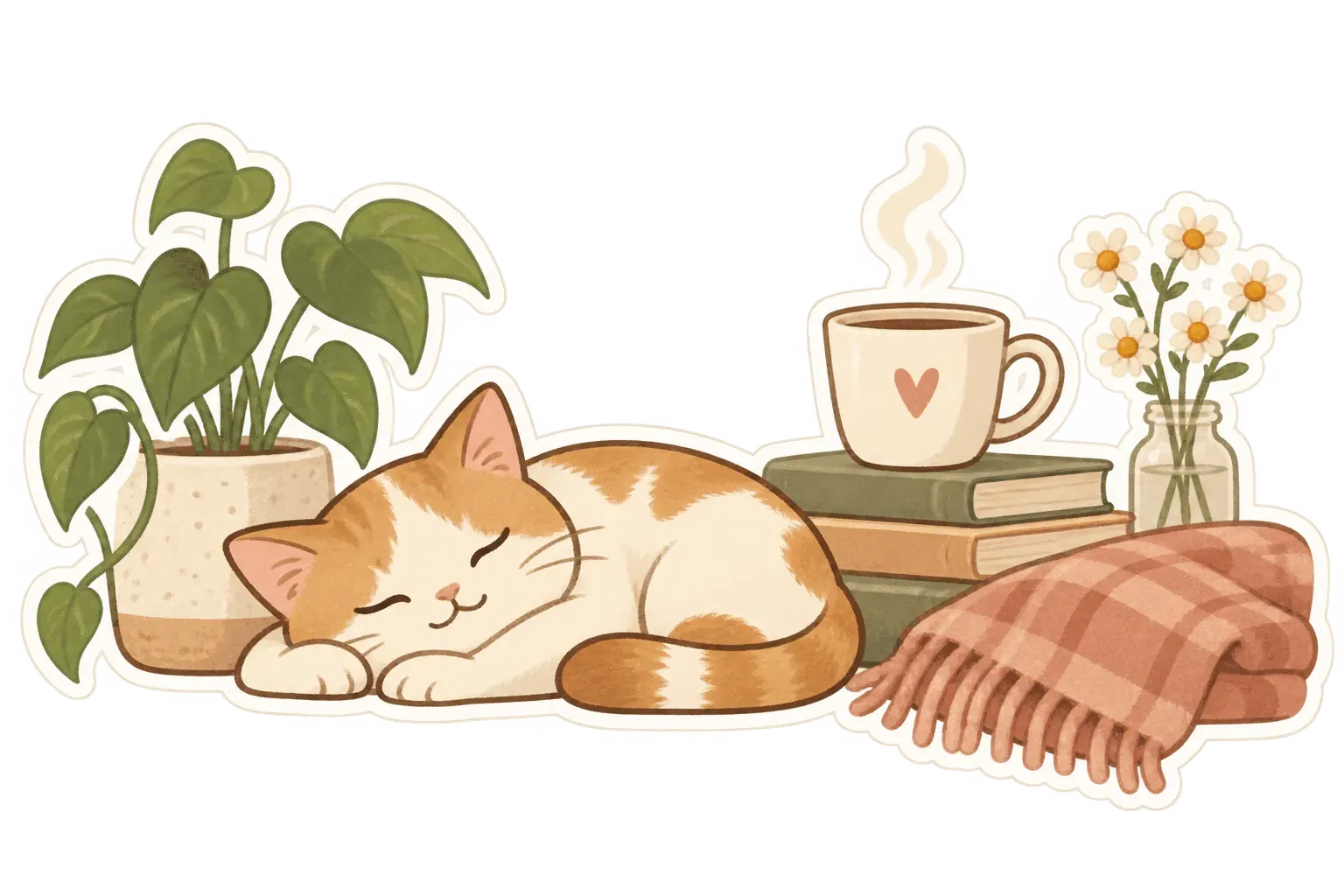 観葉植物と本、湯気の立つカップのそばで眠る猫と、端にフリンジのある折りたたまれたストールを描いたイラスト。
