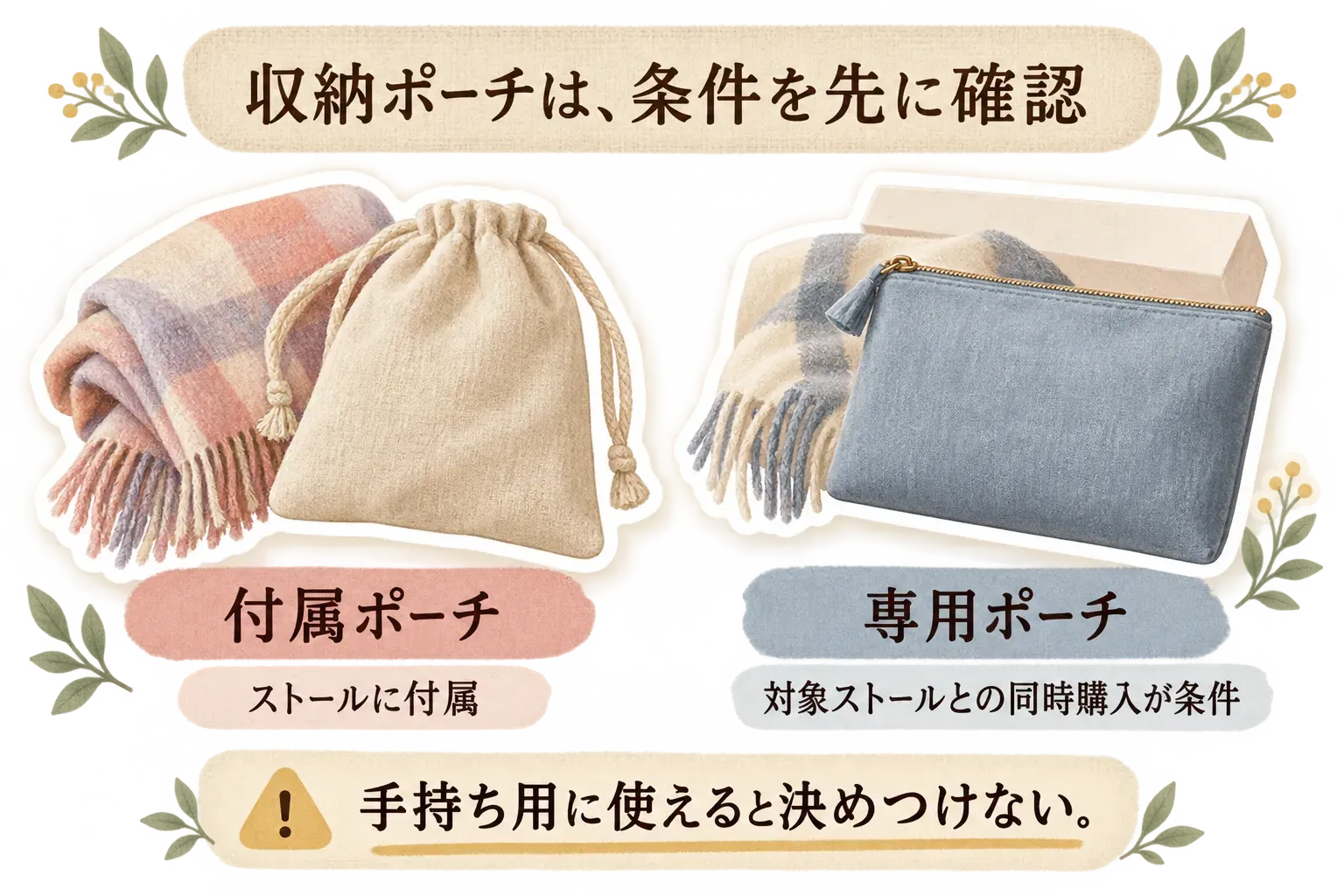 収納ポーチの条件を比べる図。左はストールに付属する巾着ポーチ、右は対象ストールとの同時購入が条件の専用ポーチを示し、専用ポーチを手持ちのストール用に使えると決めつけないよう注意している。