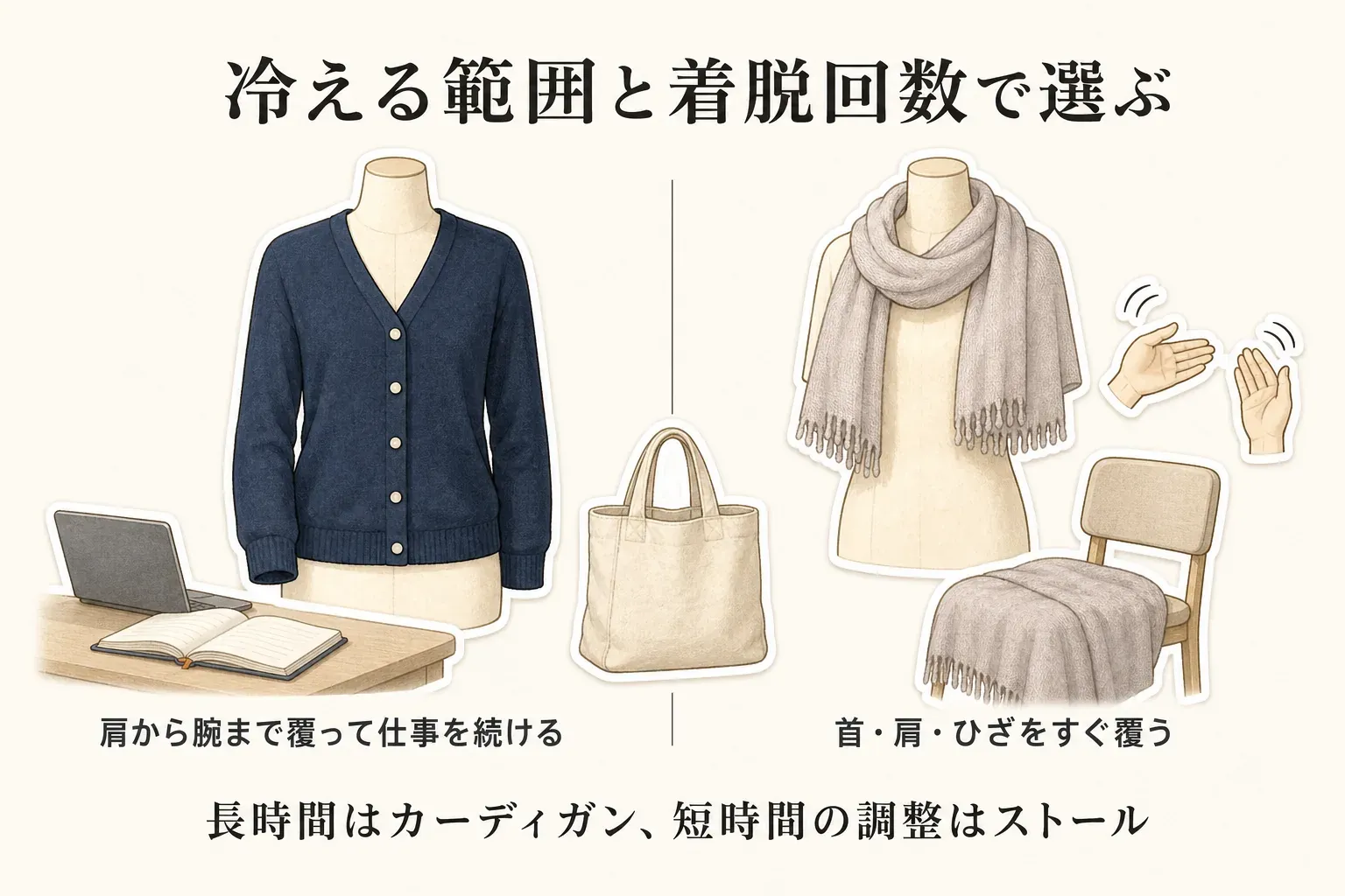 冷える範囲と着脱回数で夏用カーディガンとストールを選ぶ比較図。カーディガンはデスクワーク中に肩から腕まで覆う服として、ストールは首・肩・ひざをすぐ覆い、手を使って着脱するものとして描かれている。長時間はカーディガン、短時間の調整はストールと示している。