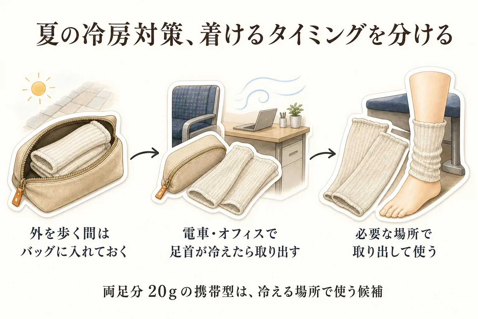 夏の冷房対策でレッグウォーマーを着けるタイミングを示す図。外を歩く間はバッグに入れ、電車やオフィスで足首が冷えたら取り出し、必要な場所で着用する流れと、両足分20gの携帯型が候補になることを説明している。