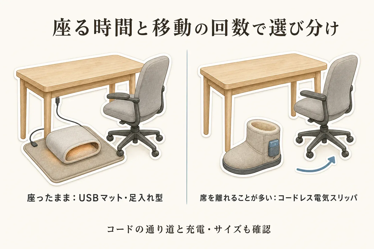 座る時間と移動回数でUSBフットウォーマーを選び分ける図。左は机の下でUSBマット・足入れ型を使い、コードを机の奥から足元へ通す様子、右はモバイルバッテリー付きのコードレス電気スリッパを履いて席を離れる様子を示し、コードの通り道と充電・サイズの確認を促している。